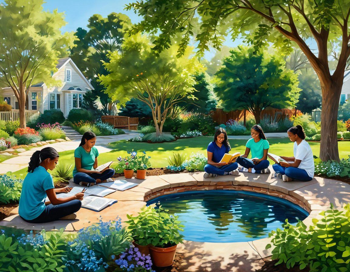 A serene community scene with diverse people engaging in various activities such as gardening, group discussions, and art creation, symbolizing connection and support. Include elements representing mental wellness like green plants, open books, and calming water ripples in the background. Ensure a warm, inviting atmosphere with soft sunlight filtering through trees. vibrant colors. painting.