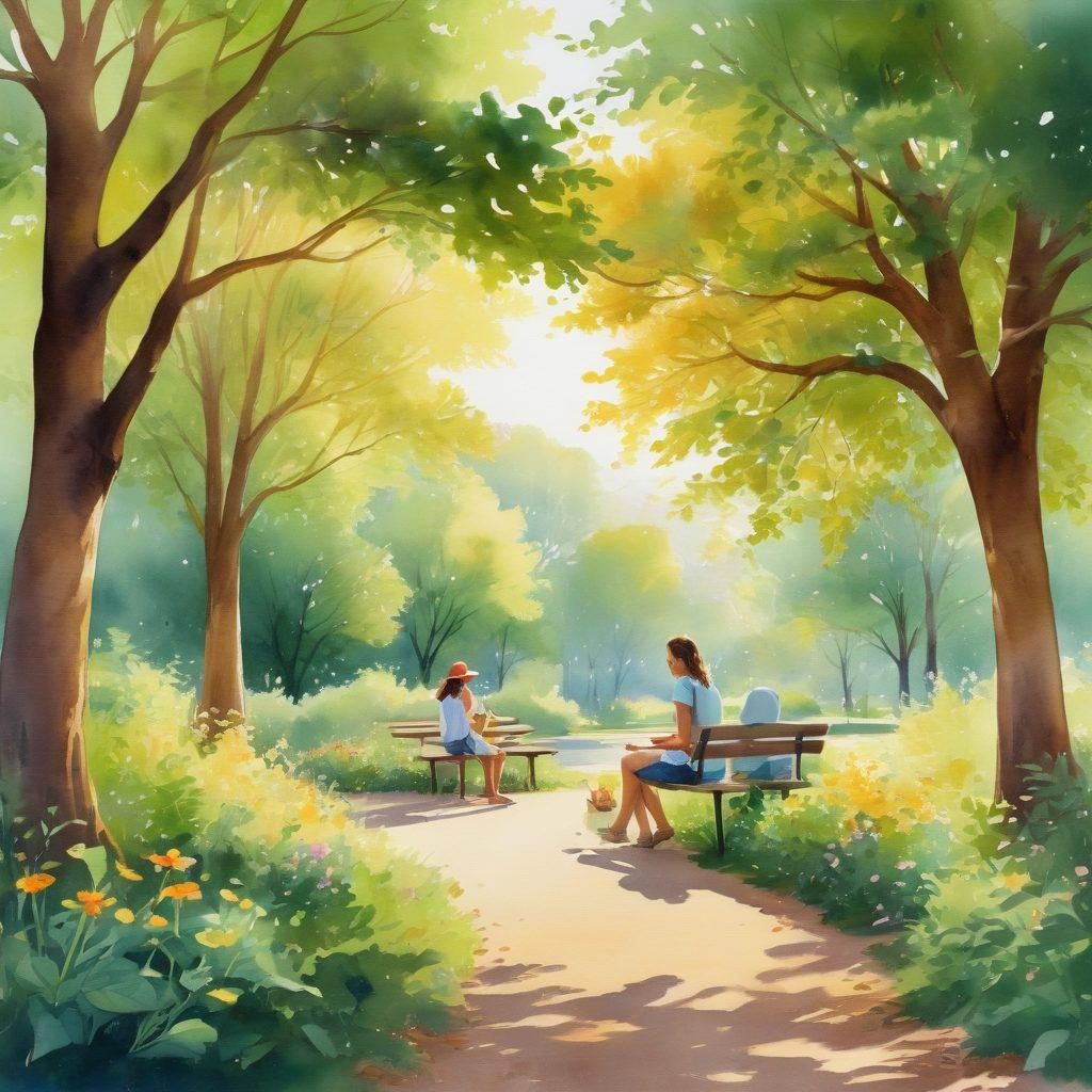A warm, inviting community scene showcasing diverse individuals engaging in acts of kindness, such as helping each other, sharing smiles, and volunteering together in a lush green park. Include elements of nature, like blooming flowers and trees, symbolizing growth and emotional well-being. The atmosphere should radiate positivity and connection, with soft, golden sunlight filtering through the leaves. watercolor painting. vibrant colors. soft focus.
