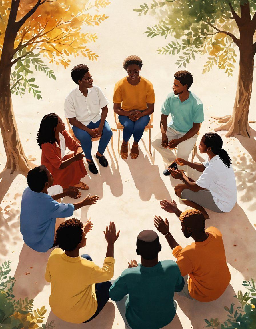 A heartwarming scene depicting a diverse group of people from different backgrounds engaged in a circle, sharing stories and supporting each other with gentle, empathetic expressions. Soft, warm colors illuminate the image, invoking feelings of togetherness and community. Background elements like trees and soft sunlight enhance the serene atmosphere. super-realistic. vibrant colors.